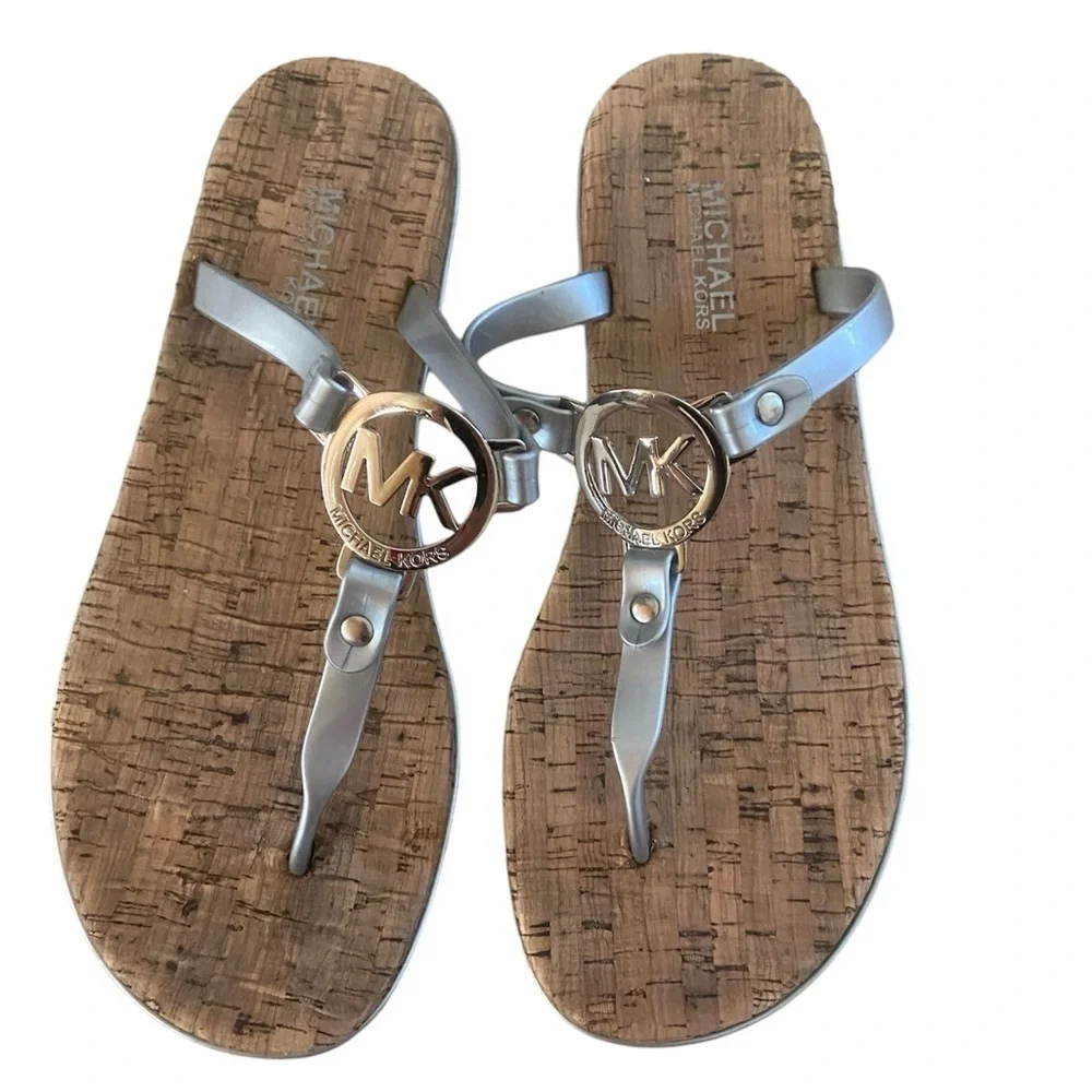 Michael Kors Charm Jelly PVC ,MK logo cork flip flop size 8 , silver logo, worn